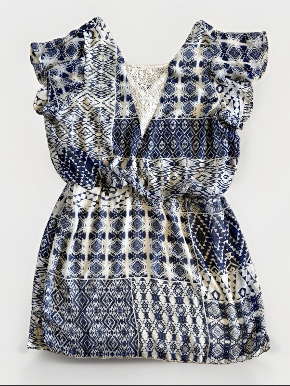 Bisou Bisou Michele Bohbot Women’s 16 Navy Blue White Geometric Boho Dress